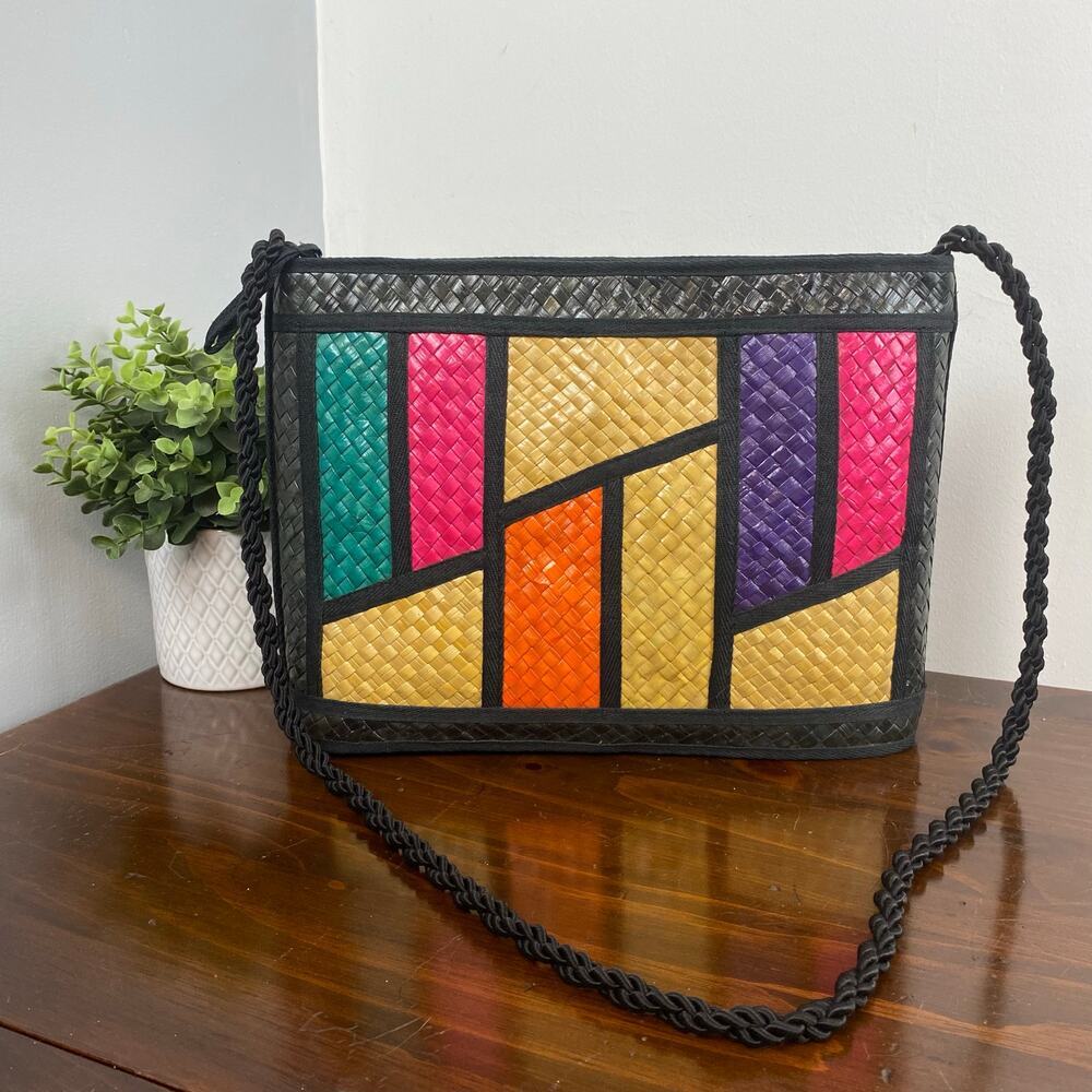 Handmade Vintage Straw Woven Colorblock Shoulder Bag Philippines